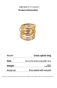 Macro view of wide gold cross spiral ring made of gold plated brass with 1.8cm width