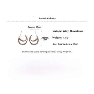 Detailed size view of silver pin C-shaped double earrings with sparkling rhinestones