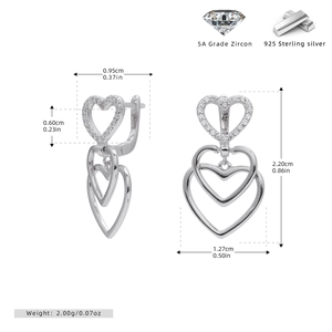 Detail view of s925 silver heart earrings showing 5A zircon inlay and size measurements