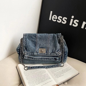 Shoulder Bags With Metal Chain Strap Vintage Washed Denim Crossbody Tote Large Capacity Metal Lock Purse For Women Daily Casual