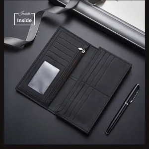 Interior view of leather long wallet showing multiple card slots and zipper compartment
