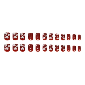 Burgundy red press-on nails with white heart and dot patterns, 24 pieces set