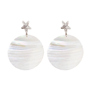 Starfish and shell round drop earrings with iridescent white pearls on white background