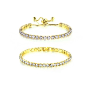 Elegant gold zircon tennis bracelets for women featuring sliding clasp and folding buckle