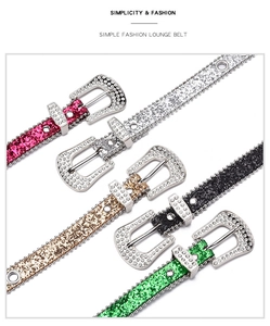 Detailed view of five colorful glitter y2k belts featuring rhinestone pin buckles