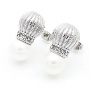 Silver-toned vertical ribbed earrings with sparkling rhinestones and white pearls