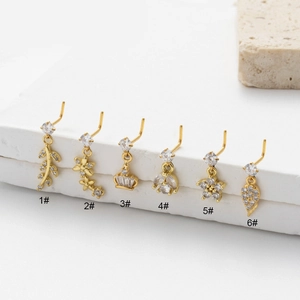 Stainless Steel L Shaped Nose Stud Cubic Zirconia Dangle Piercing Jewelry Floral Leaf Star For Women