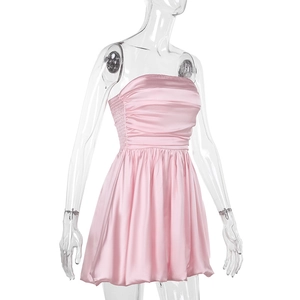 Detail of pink satin off-shoulder mini dress with pleated bust and bubble hem design