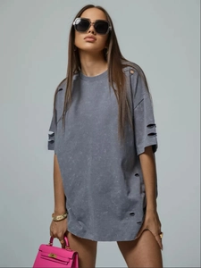 Deep grey blue oversized washed t-shirt with distressed holes and drop shoulder design