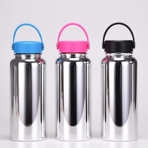 Close-up of polished stainless steel vacuum bottles with blue, pink and black lids