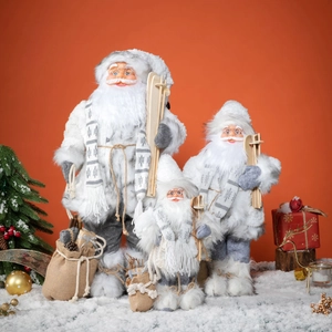 Figurine Père Noël Debout Fausse Fourrure Tissu Bois Ski Noël Décoration Table Maison Sac En Toile