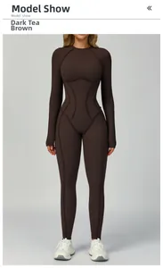 Front view of dark brown yoga jumpsuit featuring contrast stitching and body-shaping lines