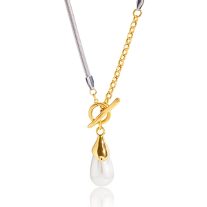 Dual-tone pearl necklace with gold link chain and silver snake chain featuring an OT clasp
