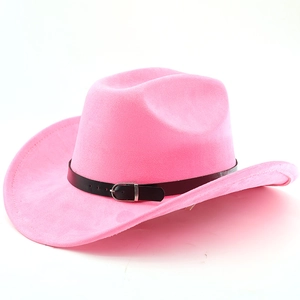 Detail eines rosa Cowboyhuts aus Wildlederimitat mit schwarzem Band und Metallschnalle