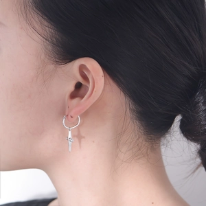 925 Sterling Silver Cross Hoop Earrings for Women with a sleek silver finish and dangling cross