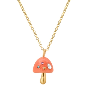 Close-up of mushroom pendant with colorful rhinestones and gold-plated chain