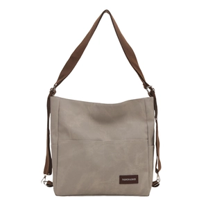 Versatile taupe tote bag with dual front pockets and adjustable brown shoulder strap