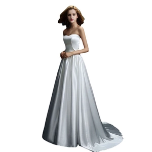 Élégante robe de mariée bustier en satin blanc avec jupe trapèze et longue traîne