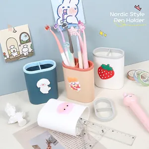 Pencil Cup Pen Holder Desktop Organizer Plastic Dual Compartment For Stationery Makeup Brush Nordic Style Cute 3D Patch