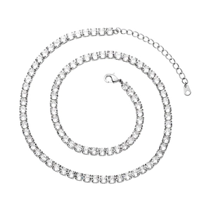 Classic silver tennis necklace with round clear cubic zirconia on a white background