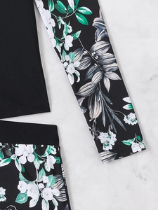 Detail of floral print pattern on high-elastic sun protection long sleeve swimwear