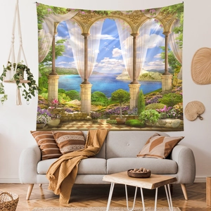 Detail of Mediterranean garden tapestry with blue ocean view hanging above a grey sofa
