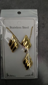 Close-up of gold stainless steel jewelry set with earrings and necklace in packaging