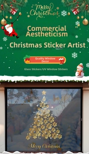 Detail of golden snowflake Christmas tree UV window sticker with Merry Christmas text