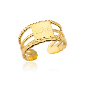 Detailed view of layered 18k gold plated stainless steel ring with LOVE engraving