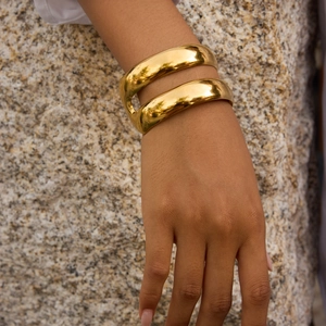 Minimalist 18K gold plated stainless steel double-layered hollow open cuff bracelet