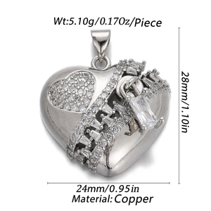 Detail view of 18K gold plated copper heart pendant with zircon stones and dimensions