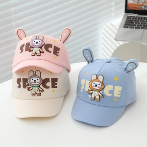 Cute kids' cotton baseball caps with plush rabbit ears and astronaut space patches