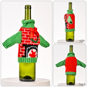 Three-sided view of a knitted Christmas wine sweater with festive fireplace patterns