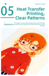 Detail of wooden 3D puzzle with thermal transfer printing and clear numbered pieces