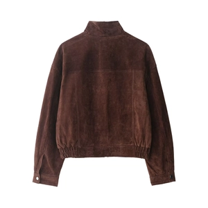 Deep brown faux suede bomber jacket for women featuring a minimalist back view and elastic hem