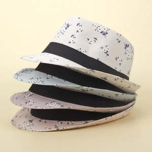Floral print sun hats for women in four colors with black decorative ribbon bands