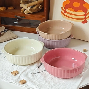 Set of four minimalist ceramic soup bowls with vertical stripes and small side handles