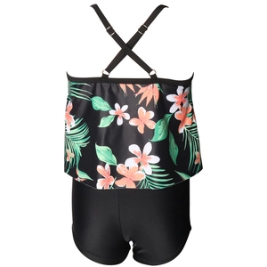 Back view of girls' two-piece swimsuit featuring tropical floral print and ruffle details