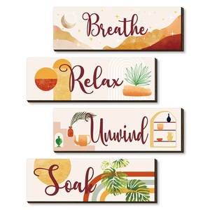 Set of 4 boho wooden bathroom wall art signs featuring Breathe Relax Unwind Soak text