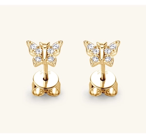 Detail showing S925 hallmark on gold butterfly studs with sparkling zircon stones