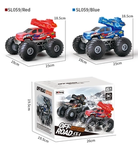 Detailed size specifications for 4x4 waterproof remote control monster trucks in red and blue