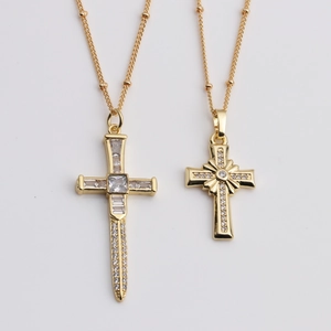 Cross Pendant Necklace Copper Cubic Zirconia Sparkling Gold Plated Bead Chain Jewelry For Women