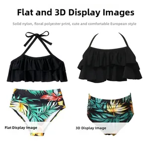 Detail of two-piece swimsuit featuring black ruffled top and tropical print high-waist bottom