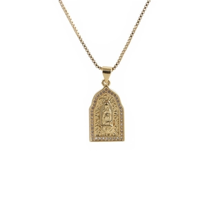 Gold rectangular medallion necklace with religious figure and crystal accents on box chain