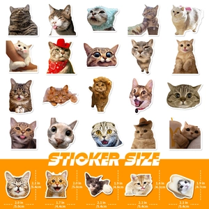 Pack of 50 cute cat expression stickers with detailed size guide for laptops and luggage