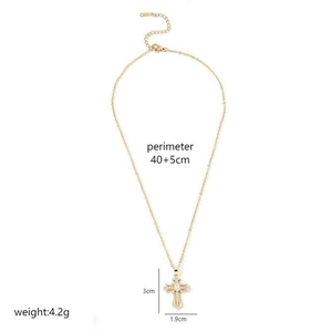 Detailed view of gold cross pendant with dimensions 3cm by 1.9cm and 45cm chain length