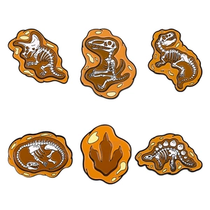 Set of 6 vintage dinosaur fossil enamel pins with amber texture for clothes and bags