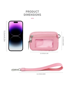 Tarjetero de nailon rosa con ventana de ID y dimensiones detalladas del bolso pequeño