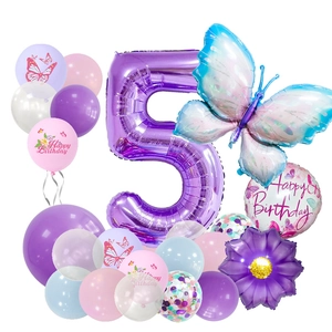 Detail of 5th birthday balloon set with purple number 5, giant butterfly and floral accents