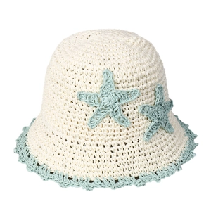 Handmade crochet straw bucket hat with starfish decorations for beach vacation sun protection